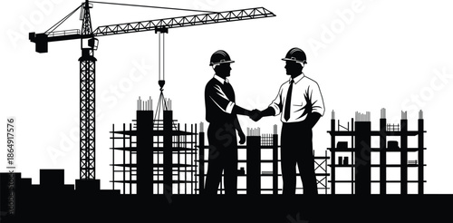 Construction site silhouette, engineer and worker shaking hands, building crane background, industrial partnership concept, cad drawing flat vector illustration.