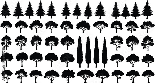 Large set of black tree silhouettes including pine, fir, oak, and cypress, nature forest collection, cad drawing flat vector illustration.