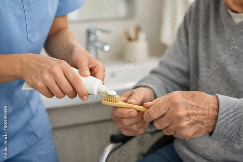 Caregiver Assisting Elderly Man With Dental Hygiene at Home Bathroom