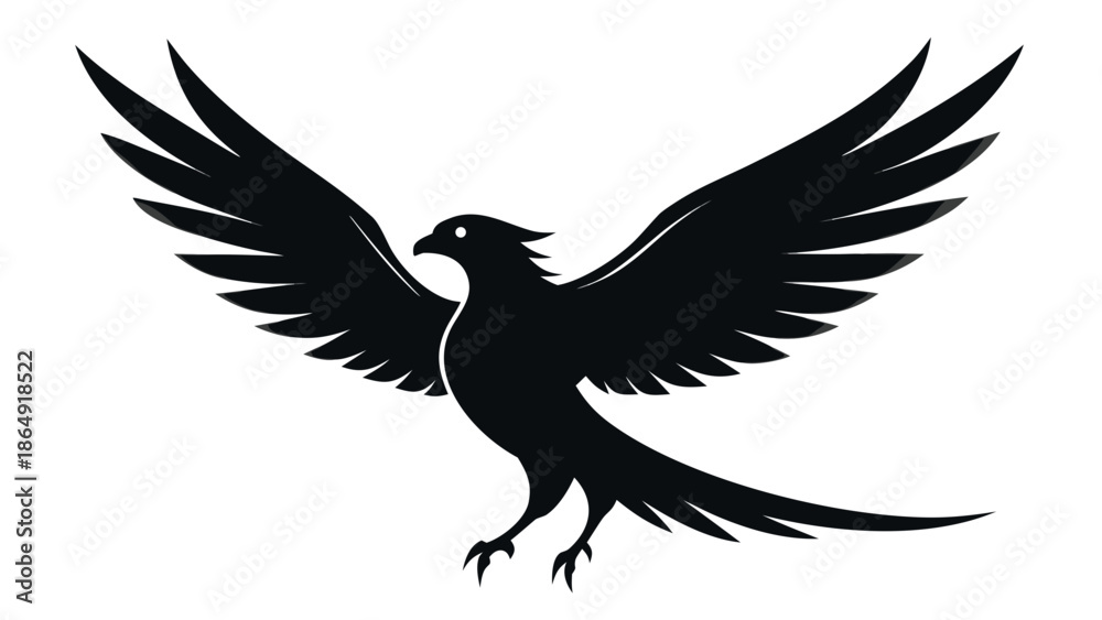 Fototapeta premium Bird silhouette mid-flight wings spread, with white background