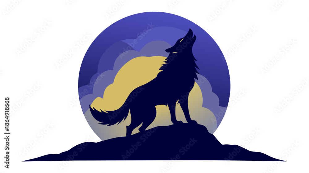 Fototapeta premium Wolf silhouette howling at the moon, with white background