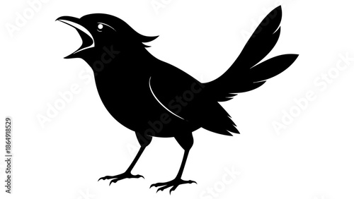 Bird silhouette singing with beak open, with white background