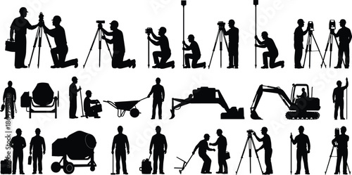 Set of construction worker and land surveyor silhouettes including engineers with equipment and heavy machinery, cad drawing flat vector illustration.