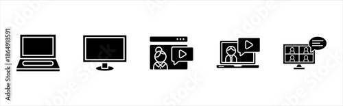 Solid online education device icons pack school learning