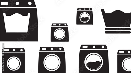 Washing Machines and Laundry Icons in Black and White