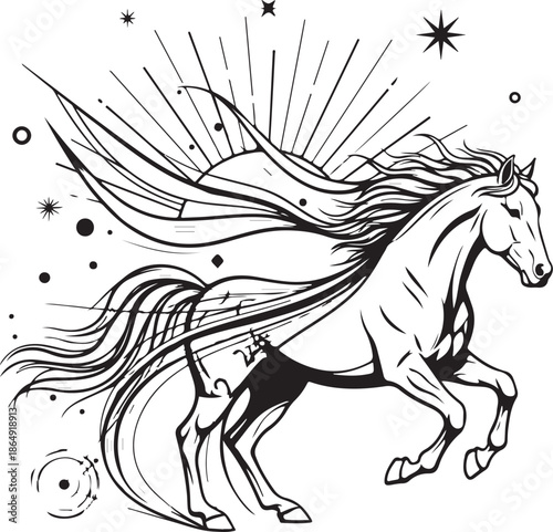 A dynamic black-and-white line art illustration of a majestic horse in motion, featuring flowing hair, celestial stars, and a sunburst background with mystical, swirling energy.