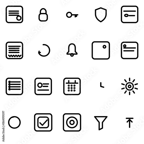 Billing ops, alerts, security & compliance actions UI icon set - rounded outline SVG sheet (20 icons)