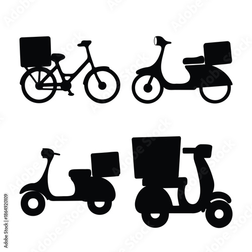 Collection of diverse delivery vehicles featuring a bicycle and various scooters with cargo boxes