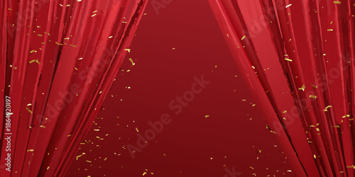 Dramatic red curtains with falling gold confetti create a stage like atmosphere