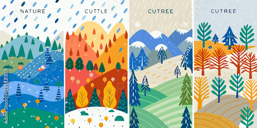 Illustrative depiction of four seasonal landscapes with mountains trees and weather