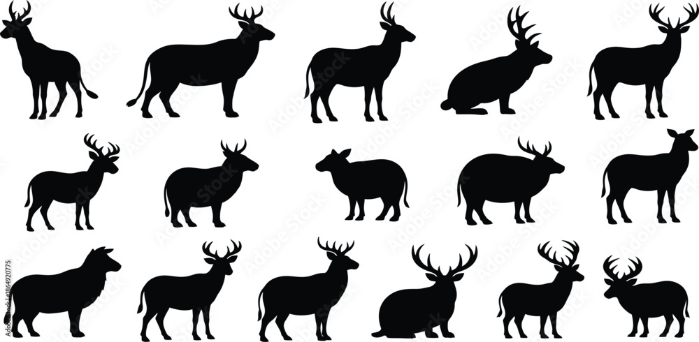 Fototapeta premium Collection of deer and antelope silhouettes