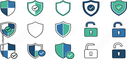 Security icons set with shields and locks in blue and green colors