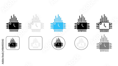 Set of icons representing a microchip with a clock or time symbol inside, various styles and colors, isolated on white b
