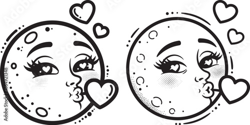 Cute crescent moon character blowing heart kisses cartoon vector illustration for nursery  decor