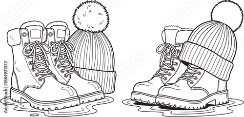 Winter hiking boots and knit beanies with pom  poms for cold weather fashion coloring page illustration