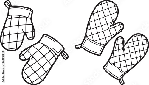 Quilted kitchen oven mitts for cooking and baking line art vector illustration set for coloring book