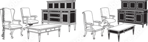 Classic home office furniture set with armchairs coffee table and storage cabinet line art vector