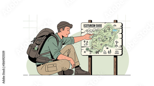 Young Man Planning an Ecotourism Trip with a Map in a Natural Environment