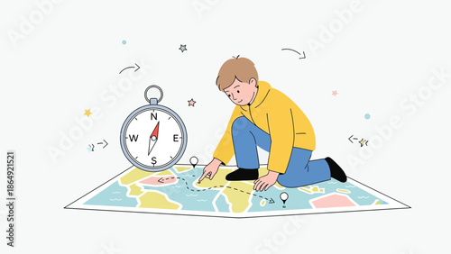 Young Adventurer Planning Expedition Exploring Map Using Compass For Navigation