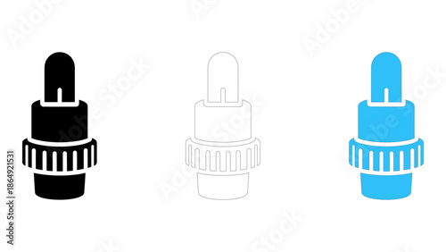Set of three icons representing an optical fiber connector sc or fc type in different styles solid black, outline, and b