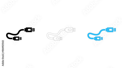 Set of three usb cable icons in black solid, white outline, and blue color variations for digital connection concept