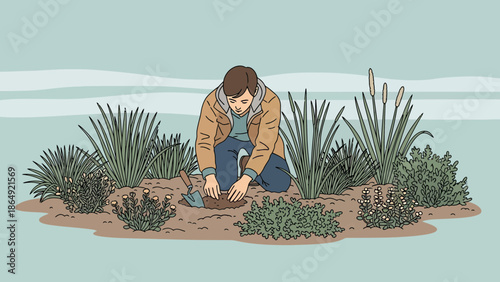 Young Man Plants Flowers In Garden Under The Bright Sun On Summer Day