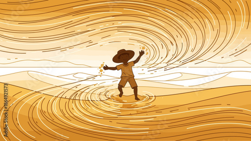 Young Adventurer Playing With Sand On A Sun-Drenched Desert Landscape Illustration