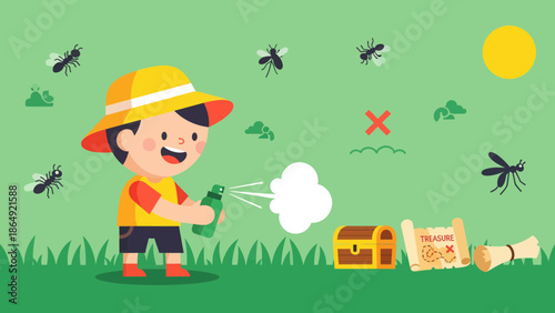 Young Adventurer Protecting His Treasure From Pesky Bugs With Insecticide Spray
