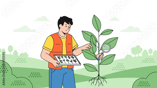 Young Agronomist Examining Plant Health With Magnifying Glass In A Field