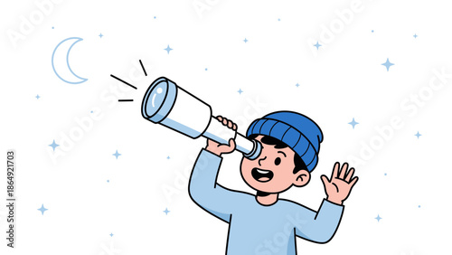 Young Astronomer Exploring The Night Sky With His Telescope Illustration