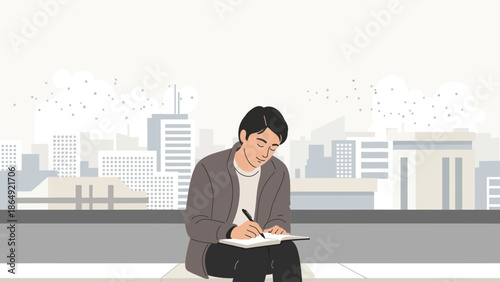 Young Man Writing in Notebook with Cityscape View in Tranquil Atmosphere