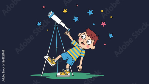Young Astronomer Exploring the Universe With a Telescope Illustration Design