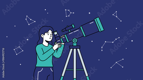 Young Astronomer Gazing At Constellations Through Telescope On A Starry Night