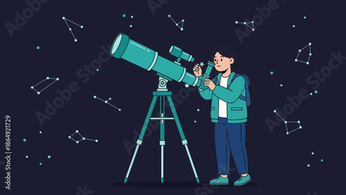 Young Astronomer Observes Constellations Through Telescope During Night Time Stars