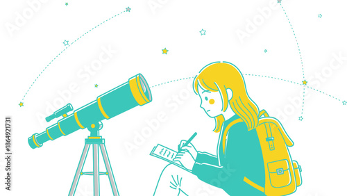Young Astronomer Girl Exploring Stars Observing Through Telescope Illustration