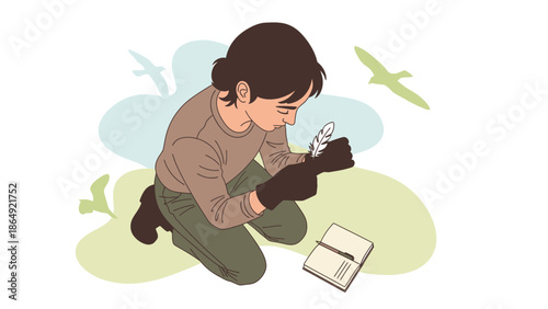 Young Birder Observing Feather Outdoors with Journal Wildlife Study in Nature