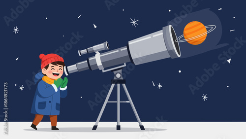 Young Astronomer's Delightful Exploration Of Distant Planets Using Large Telescope