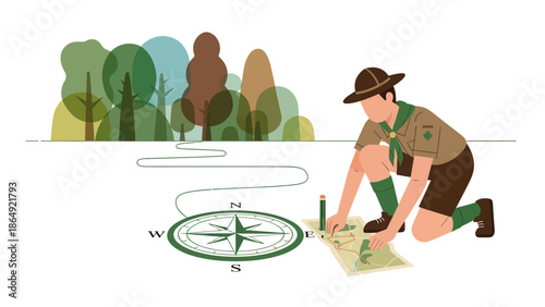 Young Scout Navigating With Compass And Map Outdoor Expedition Adventure