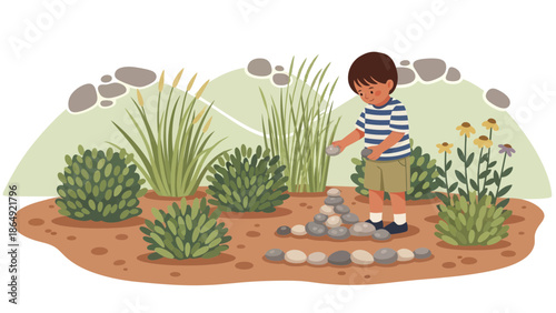 Young Boy Builds a Rock Cairn in a Garden Landscape With Native Plants