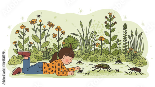 Young Naturalist Exploring Bugs In Garden Illustration With Girl Observation