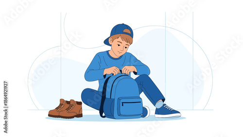 Young Student Packing His Backpack Before Leaving For School Or Vacation Trip