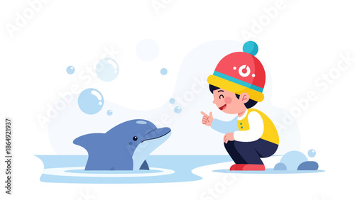 Young Boy Interacting With Playful Dolphin In A Whimsical Illustration