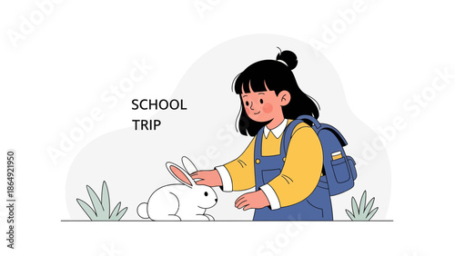 Young Student Touches A Fluffy White Rabbit On A School Outing