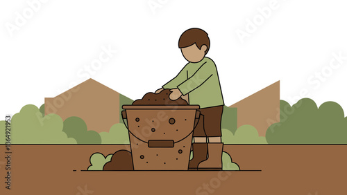 Young Boy Preparing Soil In A Bucket For Gardening Activity Outdoor
