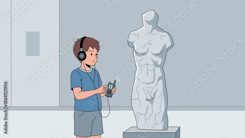Young Tourist Enjoying Audio Guide At Museum Of Classical Sculpture