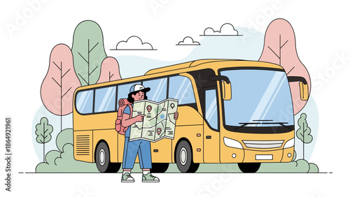 Young Tourist Checks Map Near Bus Traveling And Exploring New Destinations