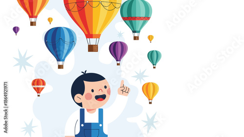 Young Boy Watching Colorful Hot Air Balloons Floating Freely In The Sky