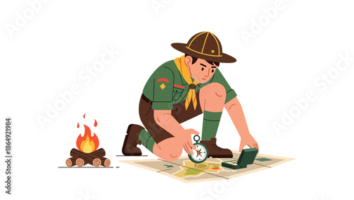 Young Boy Scout Navigating The Wilderness Adventure And Planning A Route Expedition