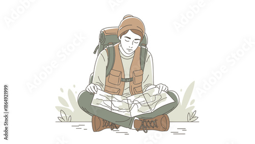 Young Traveler Reading Topographic Map While Resting On The Ground Near Nature
