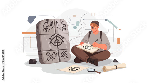 Young Explorer Deciphering Ancient Hieroglyphs And Documenting Archeological Discovery